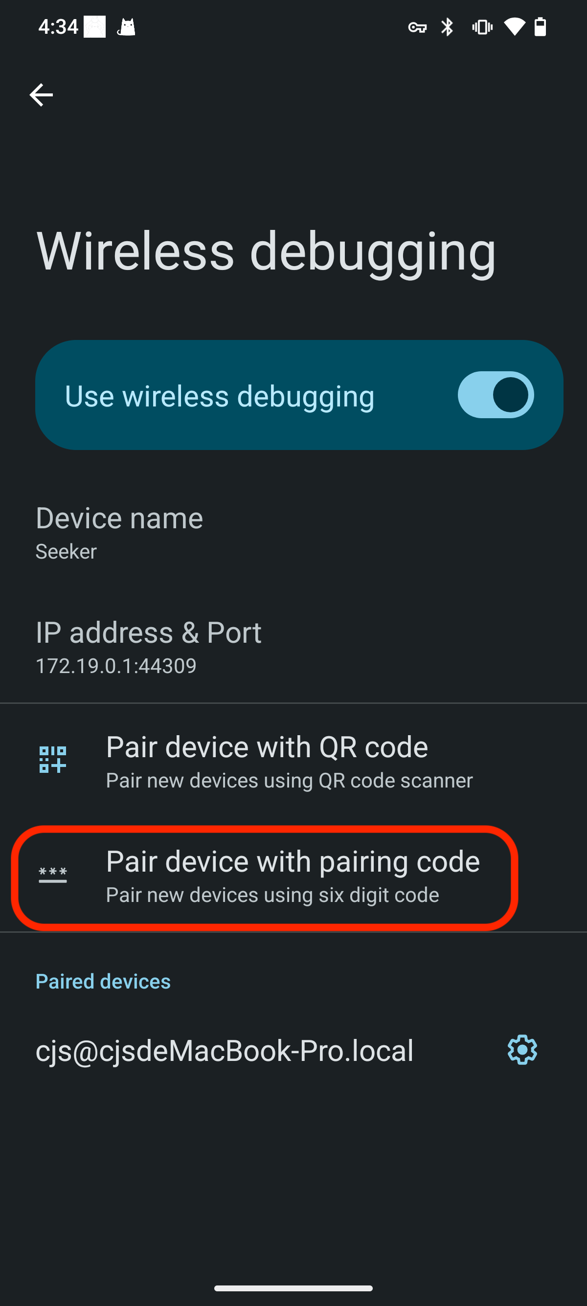 Wireless debugging settings