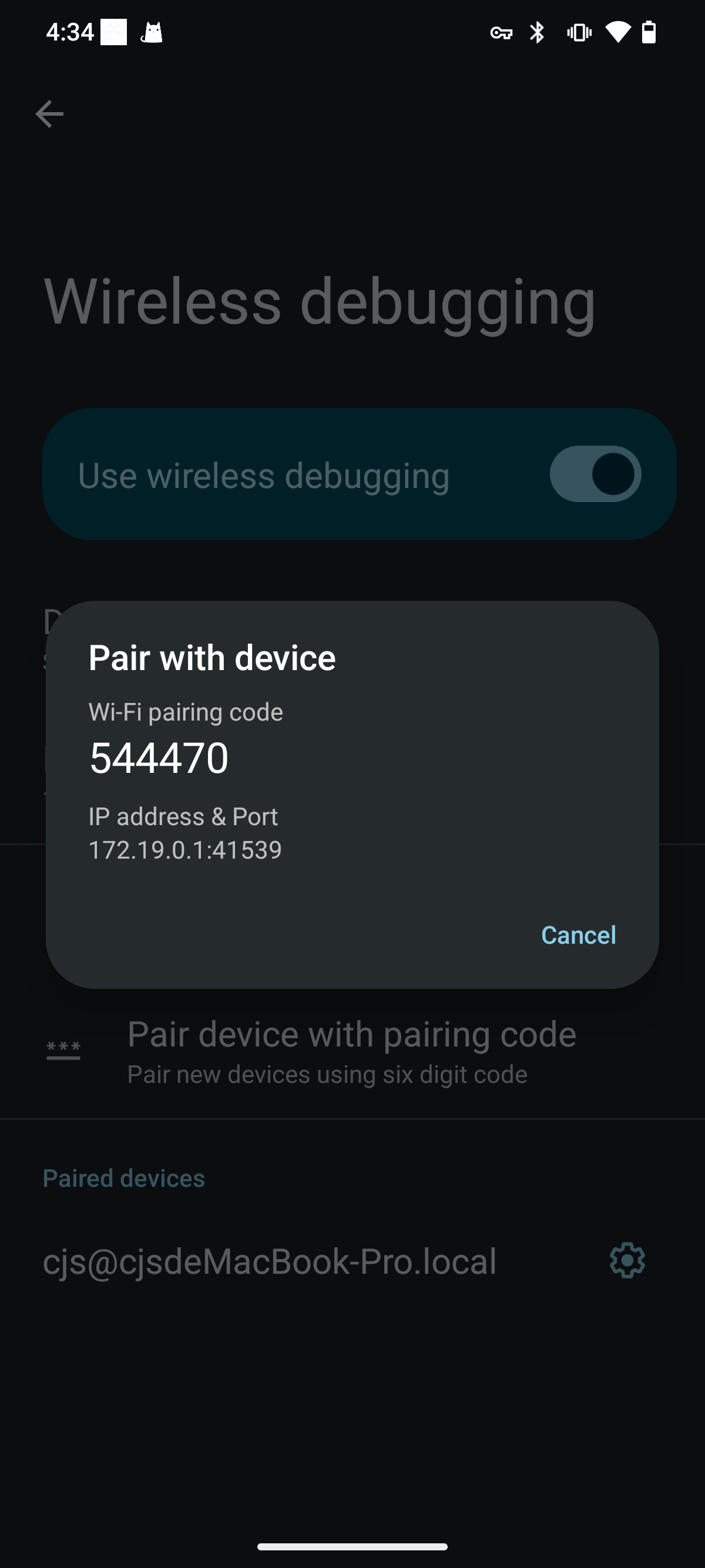 Pairing code dialog