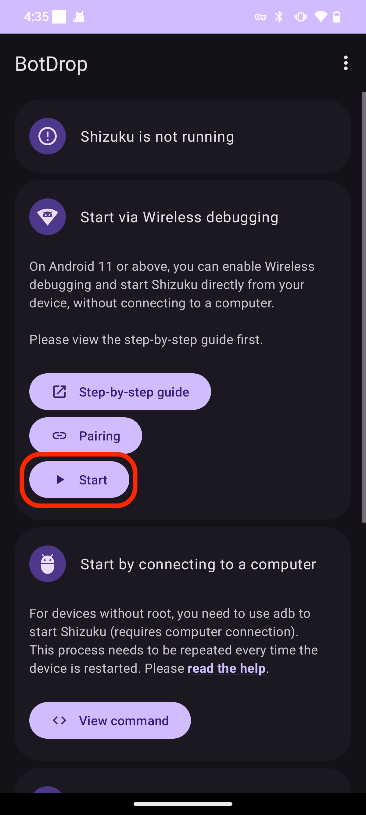 Shizuku home page, tap Start