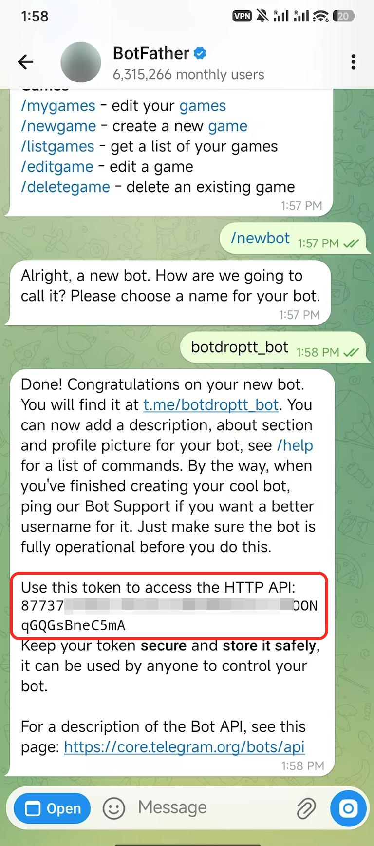 Bot created with token